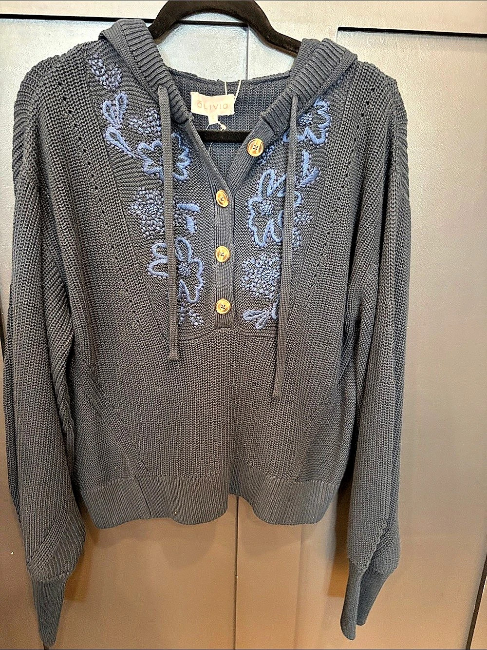747. Alivia Francie Sweater Embroidered Hooded Sweater in Navy Blue NWT